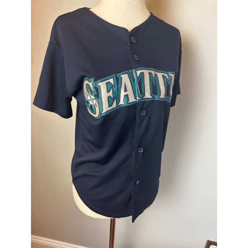 Vibtage mlb Boys Majestic Seattle Mariners Seager Jersey M Navy Teal - Picture 2 of 8